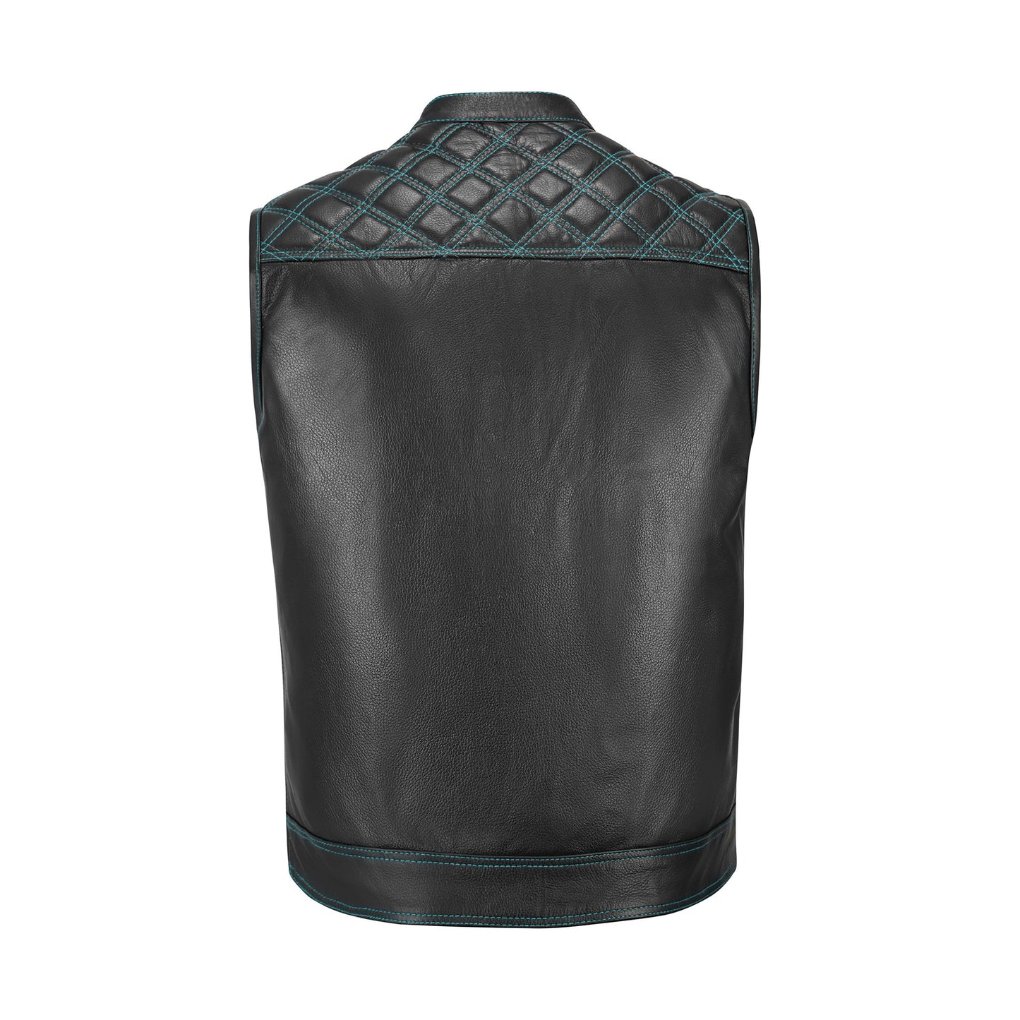 Turquoise Diamond Stitched MC Club Vest with chain-linked hanging display, highlighting its rugged biker construction. Crafted from A+ cowhide leather with turquoise diamond stitching, satin lining, and brass zipper closure. Fully customizable for motorcycle riders and rebels. Designed for motorcycle clubs and road warriors seeking bold turquoise leather biker style.