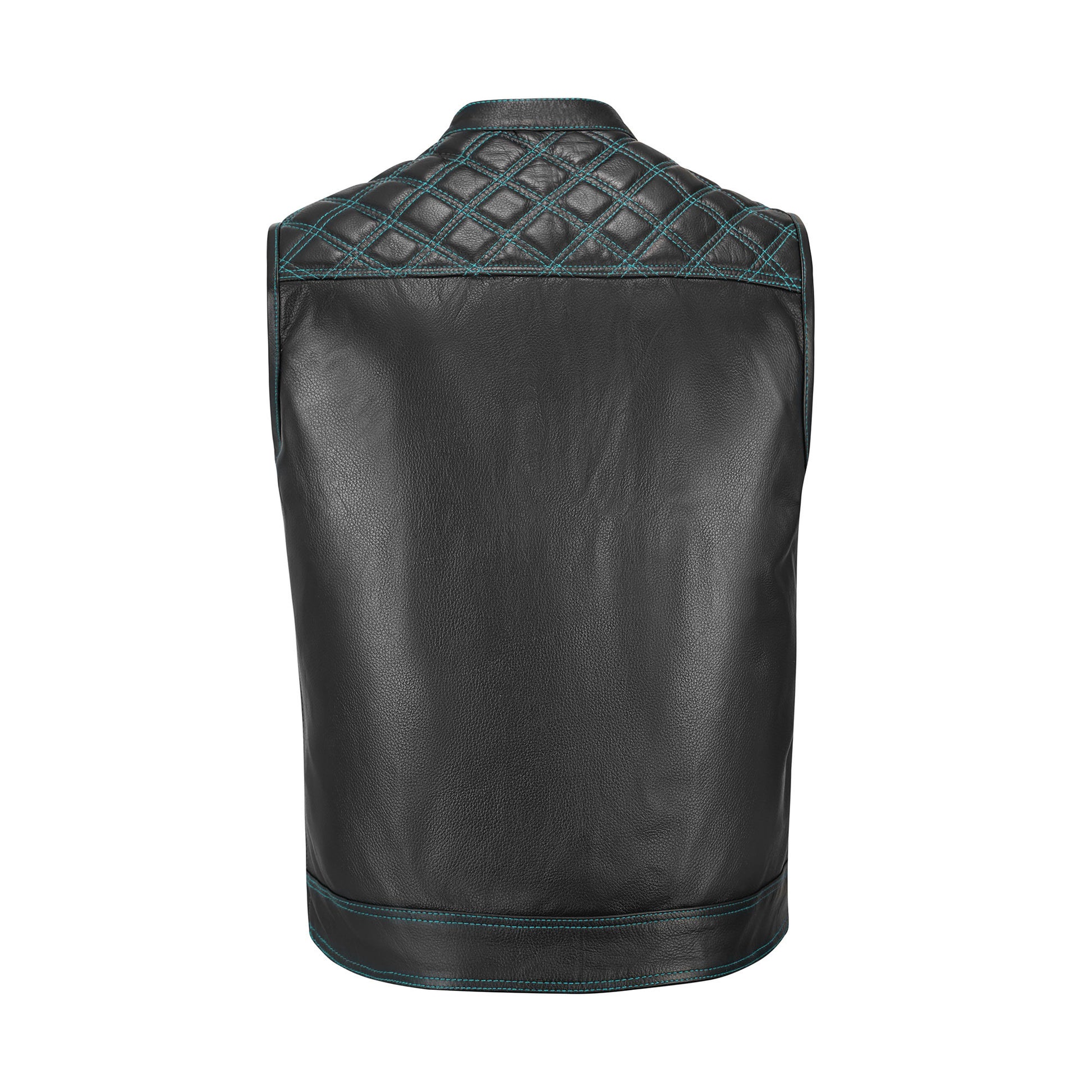 Turquoise Diamond Stitched MC Club Vest with chain-linked hanging display, highlighting its rugged biker construction. Crafted from A+ cowhide leather with turquoise diamond stitching, satin lining, and brass zipper closure. Fully customizable for motorcycle riders and rebels. Designed for motorcycle clubs and road warriors seeking bold turquoise leather biker style.