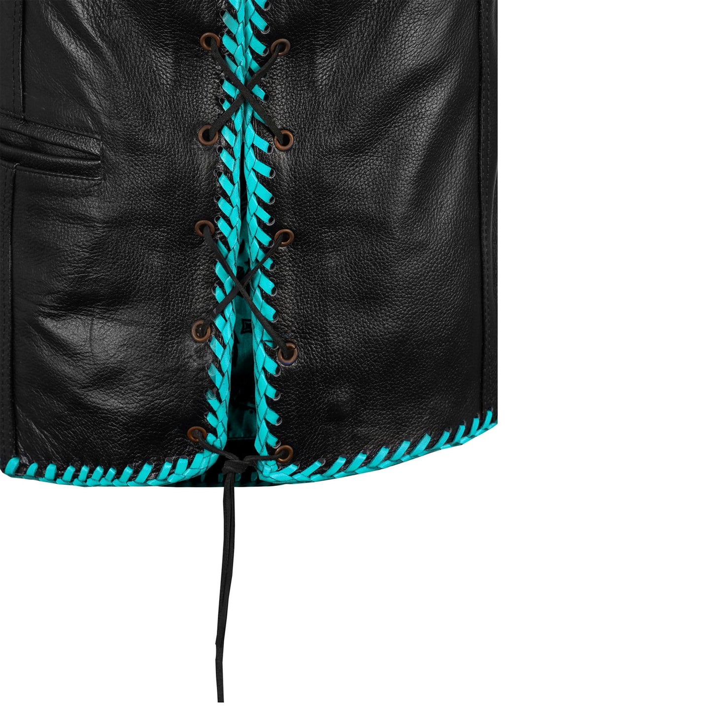 Turquoise cowhide biker vest built with authentic craftsmanship, designed to withstand the rigors of road trips, motorcycle rallies, and everyday wear. Features include durable side laces, secure closure, customization options, and stylish detailing. A must-have for bikers who value unique biker gear, this vest delivers a combination of toughness and individuality, making it ideal for motorcycle club members, casual riders, and western-style fashion lovers.