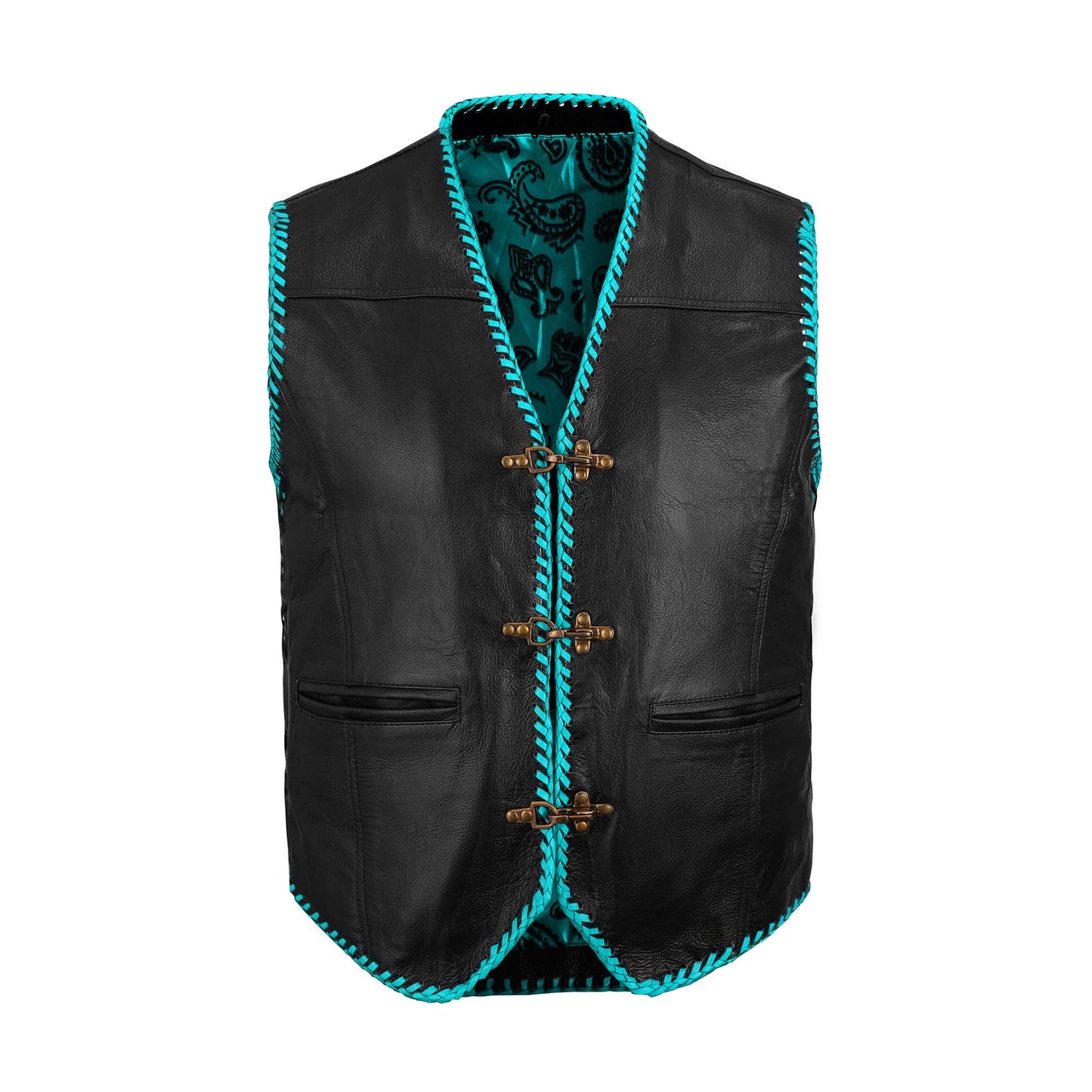 Turquoise cowhide leather vest made for bikers who seek both function and fashion. Constructed from heavy-duty leather, it offers toughness with a vibrant finish, adjustable side lace closure, and customization options. Perfect for motorcycle enthusiasts, touring riders, or rebels, this vest is built for long-lasting wear while enhancing biker identity. A unique statement piece for club members and casual riders alike.