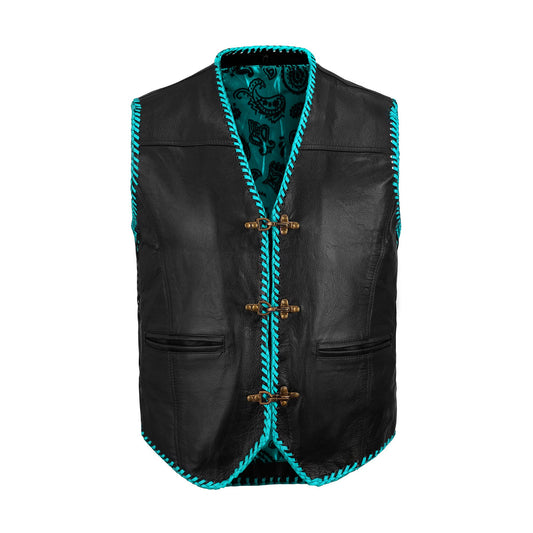 Turquoise cowhide leather vest made for bikers who seek both function and fashion. Constructed from heavy-duty leather, it offers toughness with a vibrant finish, adjustable side lace closure, and customization options. Perfect for motorcycle enthusiasts, touring riders, or rebels, this vest is built for long-lasting wear while enhancing biker identity. A unique statement piece for club members and casual riders alike.