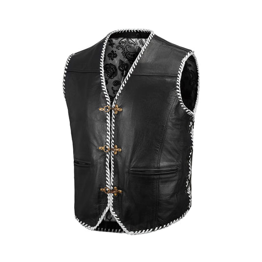 White cowhide leather motorcycle club vest for men, customizable biker vest with durable snap button closure, side lace adjustment, and premium craftsmanship. Perfect for motorcycle riders, rebels, and western fashion enthusiasts who want a handmade white leather vest that combines durability, comfort, and biker aesthetics for MC clubs and personal riding style.