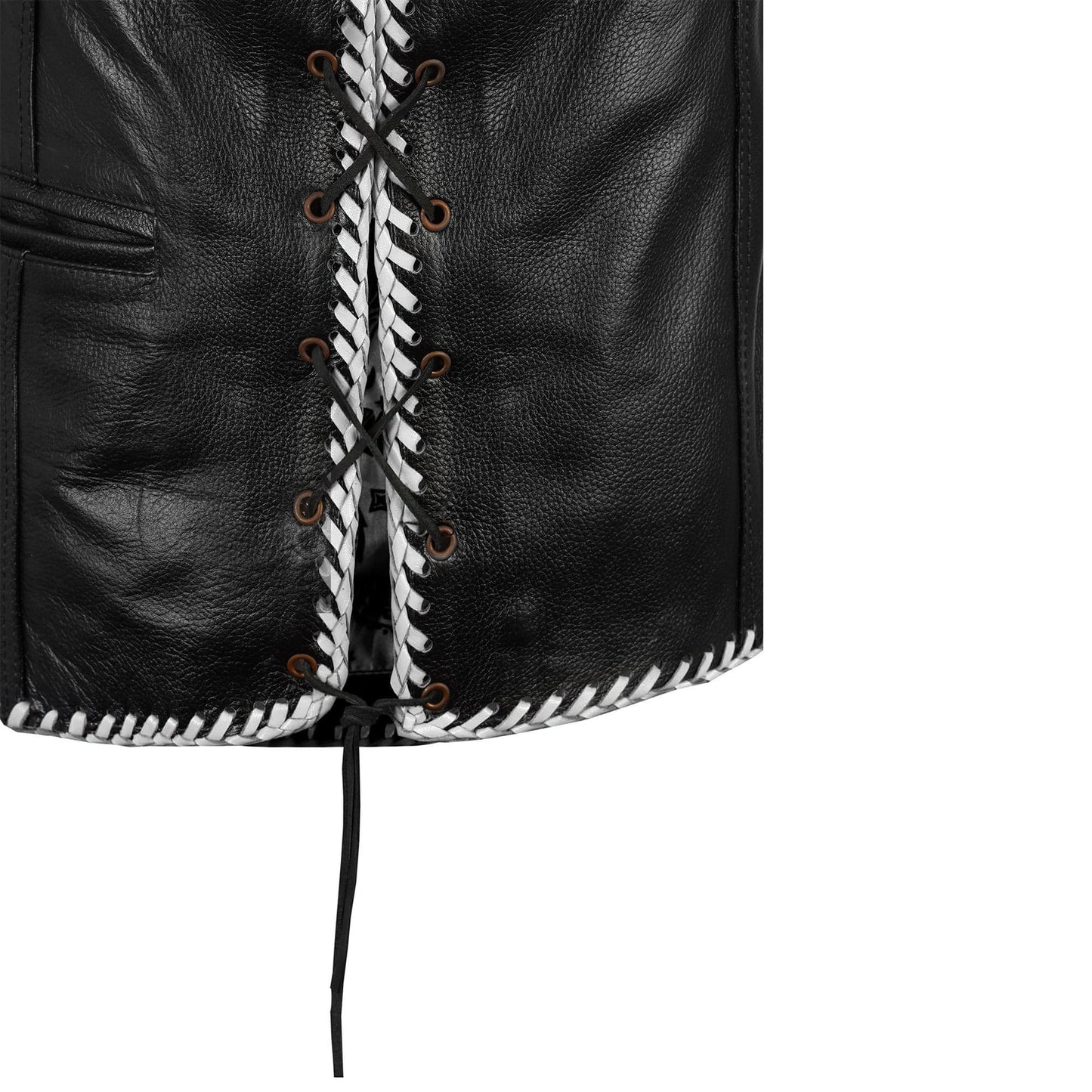 White leather biker vest for men made from premium cowhide leather, tailored for motorcycle riders, MC club members, and western fashion lovers. Features durable craftsmanship, snap button closure, lace-up sides, and customization options, making it the perfect riding vest for durability, biker style, and personal club identity.