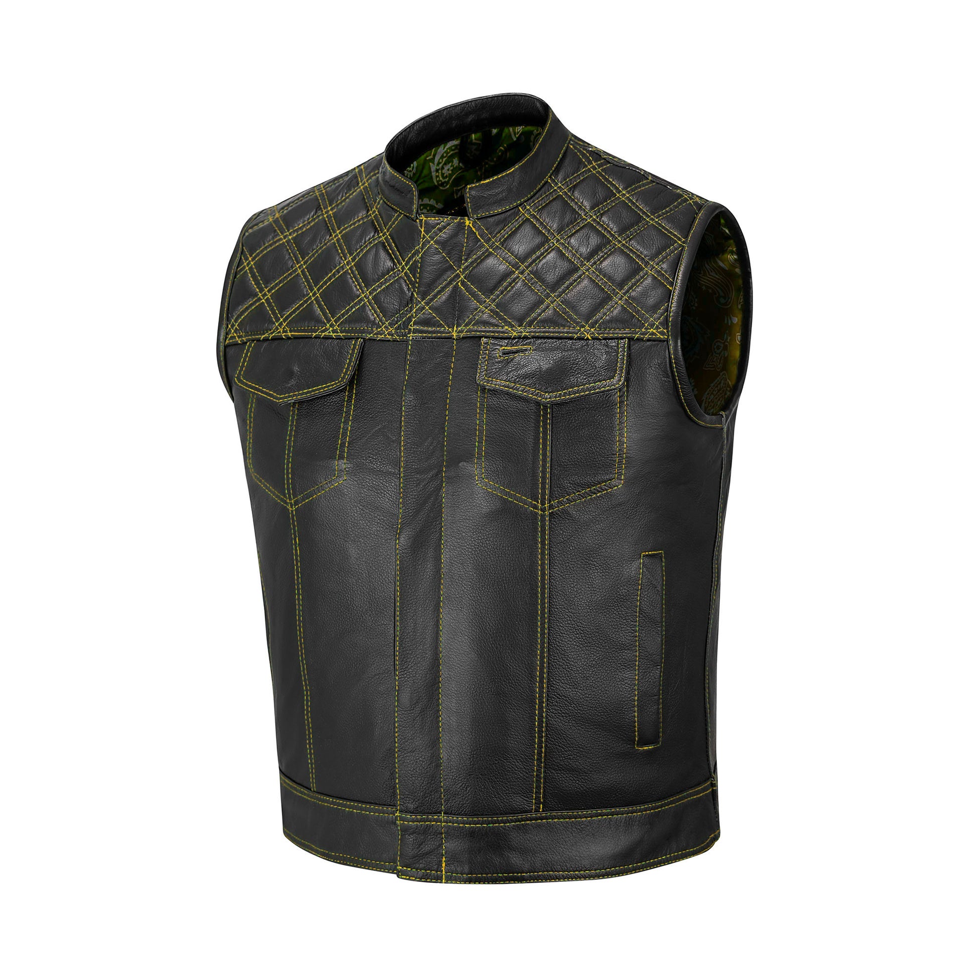 Yellow diamond stitch motorcycle club vest in premium leather, perfect for bikers seeking comfort and individuality. Featuring A+ grade cowhide craftsmanship, satin-printed lining, and durable brass zipper. Includes patch-ready panels, secure inner and chest pockets, with concealed carry option on request. This customizable biker vest offers classic club style with a bold yellow touch for motorcycle riders, road warriors, and rebels.