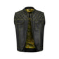 Yellow diamond stitched MC club vest crafted from premium A+ grade cowhide leather, designed for motorcycle riders and biker club members. Features bold yellow diamond stitching, satin lining, brass YKK zipper, dual chest pockets, and optional concealed carry. A durable customizable leather biker vest perfect for rebels, road warriors, and motorcycle enthusiasts who want standout style and rugged biker aesthetics.