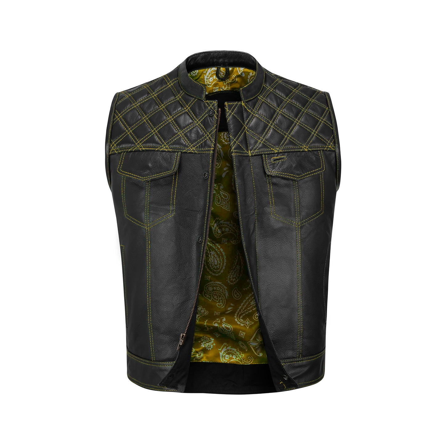 Yellow diamond stitched MC club vest crafted from premium A+ grade cowhide leather, designed for motorcycle riders and biker club members. Features bold yellow diamond stitching, satin lining, brass YKK zipper, dual chest pockets, and optional concealed carry. A durable customizable leather biker vest perfect for rebels, road warriors, and motorcycle enthusiasts who want standout style and rugged biker aesthetics.