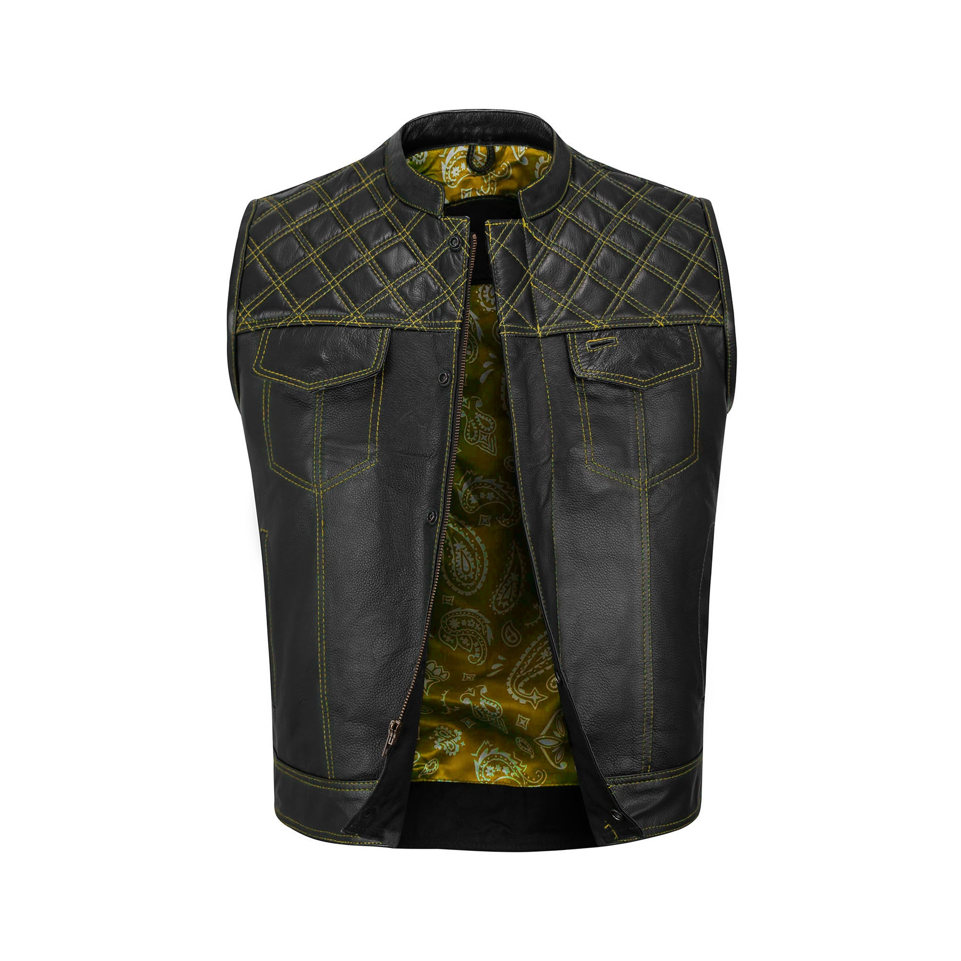 Yellow diamond stitched MC club vest crafted from premium A+ grade cowhide leather, designed for motorcycle riders and biker club members. Features bold yellow diamond stitching, satin lining, brass YKK zipper, dual chest pockets, and optional concealed carry. A durable customizable leather biker vest perfect for rebels, road warriors, and motorcycle enthusiasts who want standout style and rugged biker aesthetics.