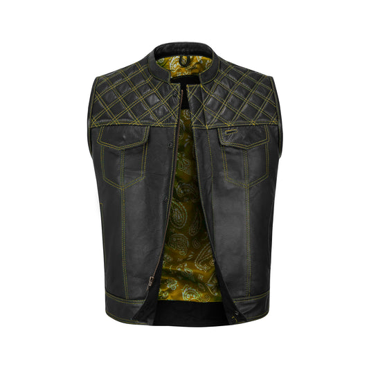 Yellow diamond stitched MC club vest crafted from premium A+ grade cowhide leather, designed for motorcycle riders and biker club members. Features bold yellow diamond stitching, satin lining, brass YKK zipper, dual chest pockets, and optional concealed carry. A durable customizable leather biker vest perfect for rebels, road warriors, and motorcycle enthusiasts who want standout style and rugged biker aesthetics.