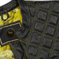 Yellow leather biker vest with diamond stitching handmade from cowhide, tailored for motorcycle club style and rider individuality. Includes secure brass YKK zipper closure, dual chest pockets, optional concealed carry, and customizable patch-ready design. Comfortable satin lining provides luxury feel, while rugged craftsmanship ensures durability. This yellow MC vest is ideal for bikers, rebels, and road warriors.