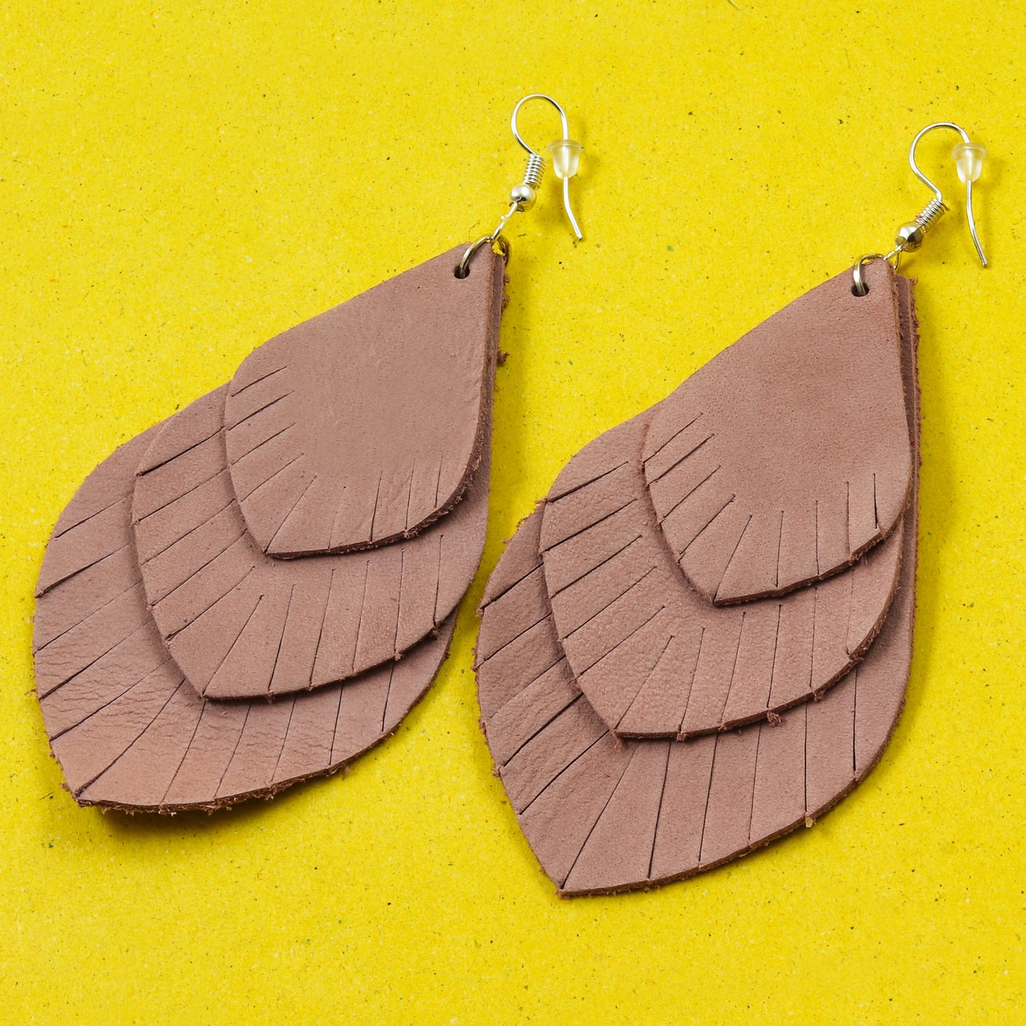 Tri-Layer Drop Leather Earrings - Nubuck Leather