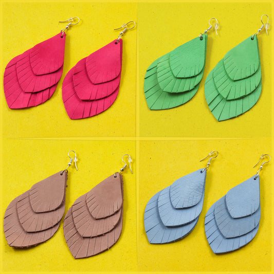 Tri-Layer Drop Leather Earrings - Nubuck Leather