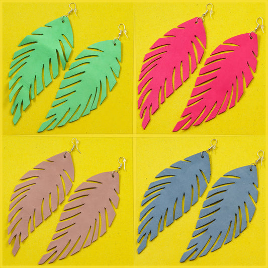 Cropped Leaf Leather Earrings - Nubuck Leather