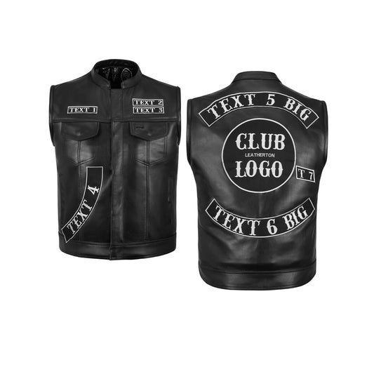 Custom Embroidered Black Leather MC Club Vest